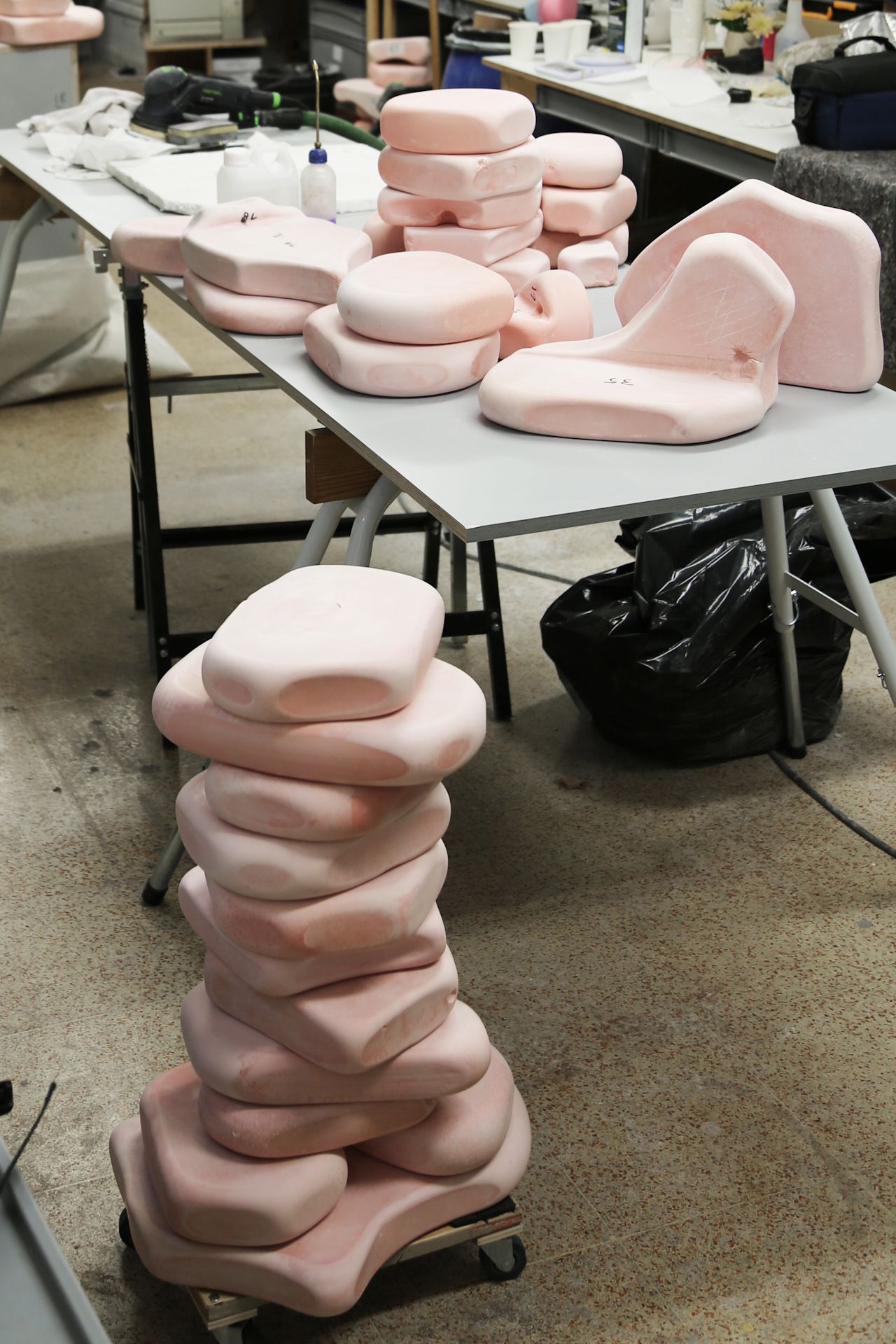 An editorial image from behind the scenes of building the Pink Counter for Hem's London pop-up shop, 2018.