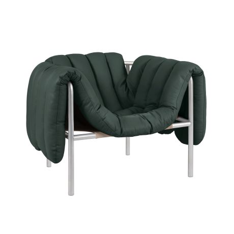 Puffy Lounge Chair, Dark Green Leather / Stainless (UK)