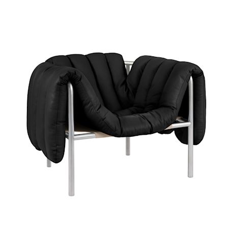 Puffy Lounge Chair, Black Leather / Stainless