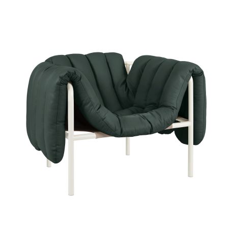 Puffy Lounge Chair, Dark Green Leather / Cream