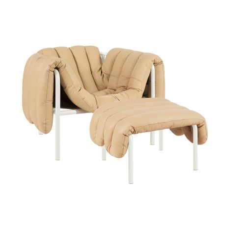 Puffy Lounge Chair + Ottoman, Sand Leather / Cream