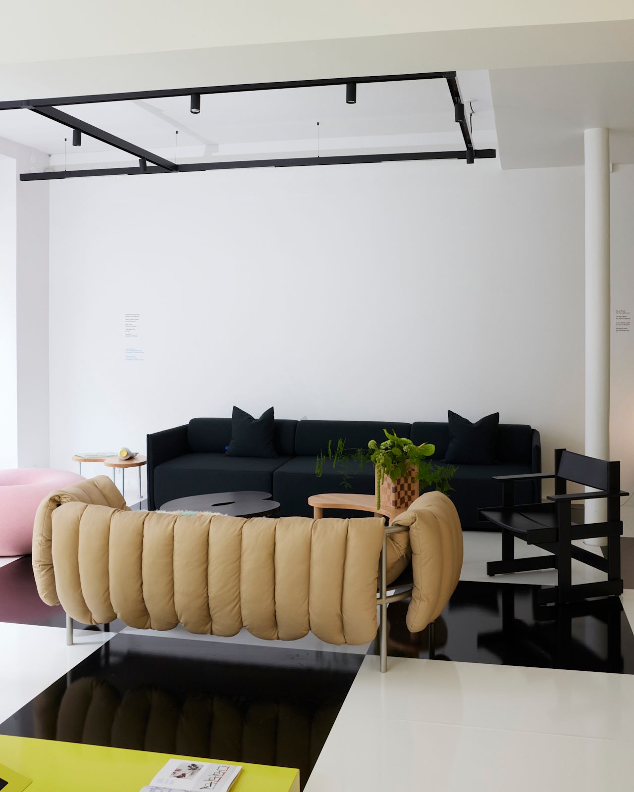 An image from 3daysofdesign 2024 featuring Puffy Sofa, Palo Block Sofa, Bullnose Lounge Chair, Worm Coffee Tables, Mix Wood Vessel, and Boa Pouf.