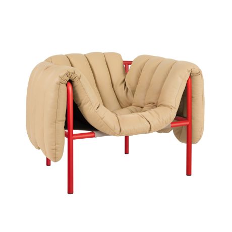 Puffy Lounge Chair, Sand Leather / Traffic Red