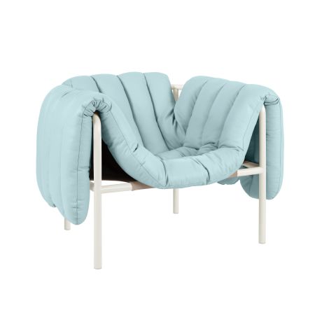 Puffy Lounge Chair, Light Blue Leather / Cream