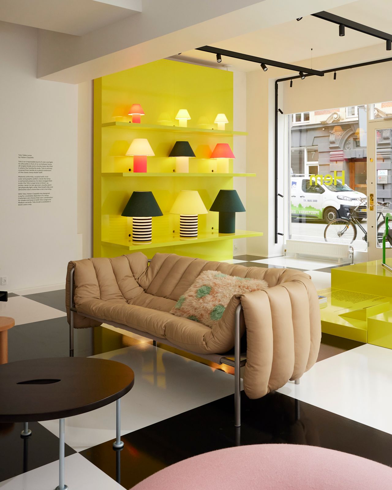 An image from 3daysofdesign 2024 in Copenhagen featuring Toto Table Lamps, Puffy Sofa, Worm Tables, and Monster Cushion.
