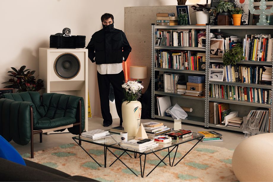 An editorial image featuring Puffy Lounge Chair, Bubble Candelabra, Boa Pouf, and Monster Rug.