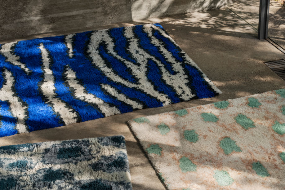 Hem - An image of 3 Monster Rugs in Ultramarine / Off-White, Dark Teal / Off-White, and Turquoise / Peach.