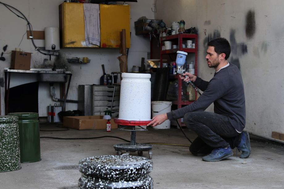 An editorial image from behind the scenes of making Last Stool Splatter featuring Max Lamb.