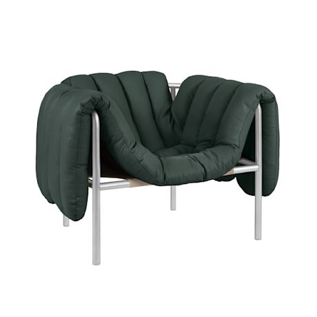 Puffy Lounge Chair, Dark Green Leather / Stainless