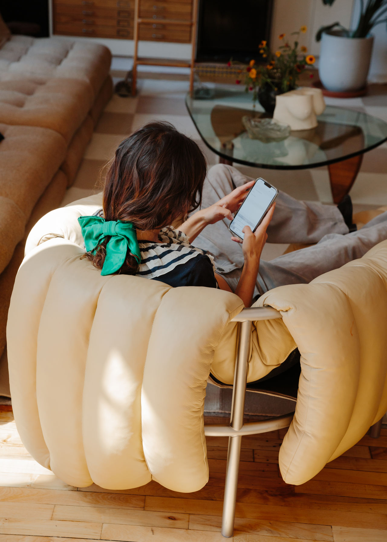 Chloe continuing to lounge on [Puffy Lounge Chair + Ottoman Sand / Stainless](/furniture/chairs-and-stools/puffy/20309)