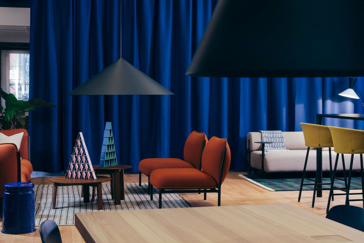 An editorial image from Hem's NY studio / showroom featuring Kumo Modular Sofa, Rope Rug, Alle Coffee Tables, Last Stool, and the Incredible House of Cards.