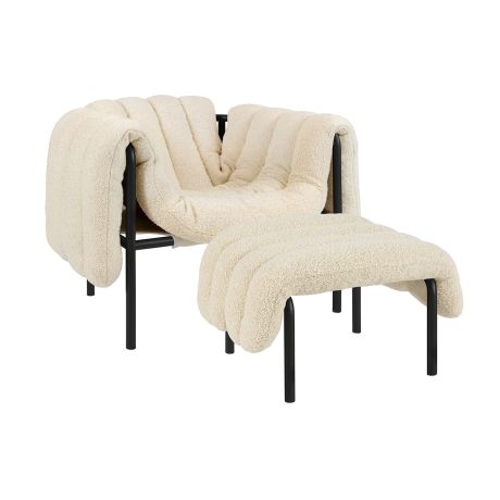 Puffy Lounge Chair + Ottoman, Eggshell / Black Grey
