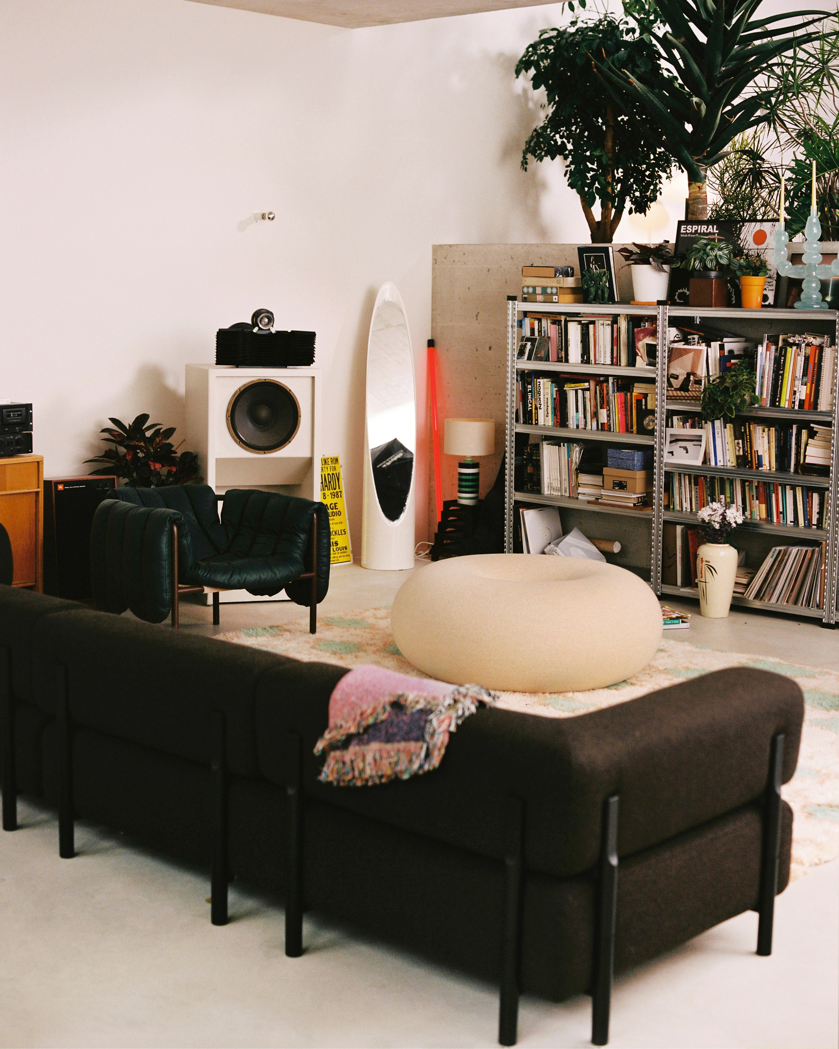 A lifestyle image of a living room / lounge scene featuring Palo Modular Sofa, Puffy Lounge Chair, Boa Pouf, and Monster Rug.