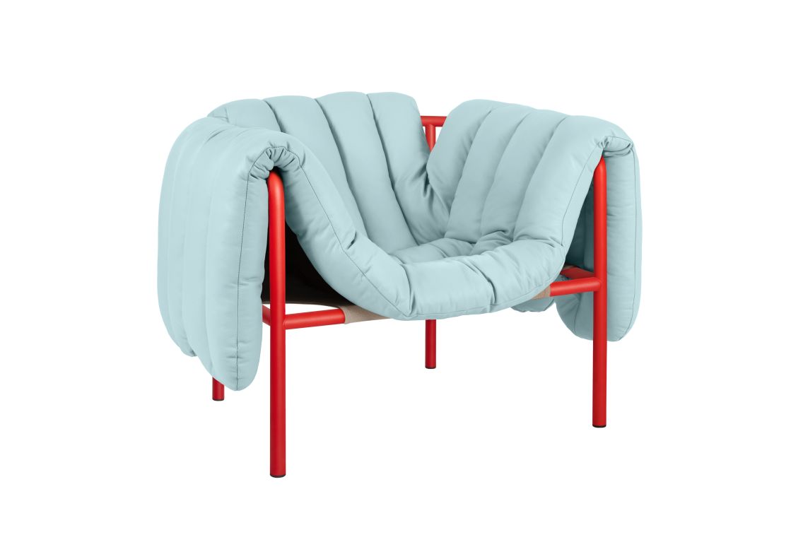 Puffy Lounge Chair, Light Blue Leather / Traffic Red, Art. no. 20478 (image 1)