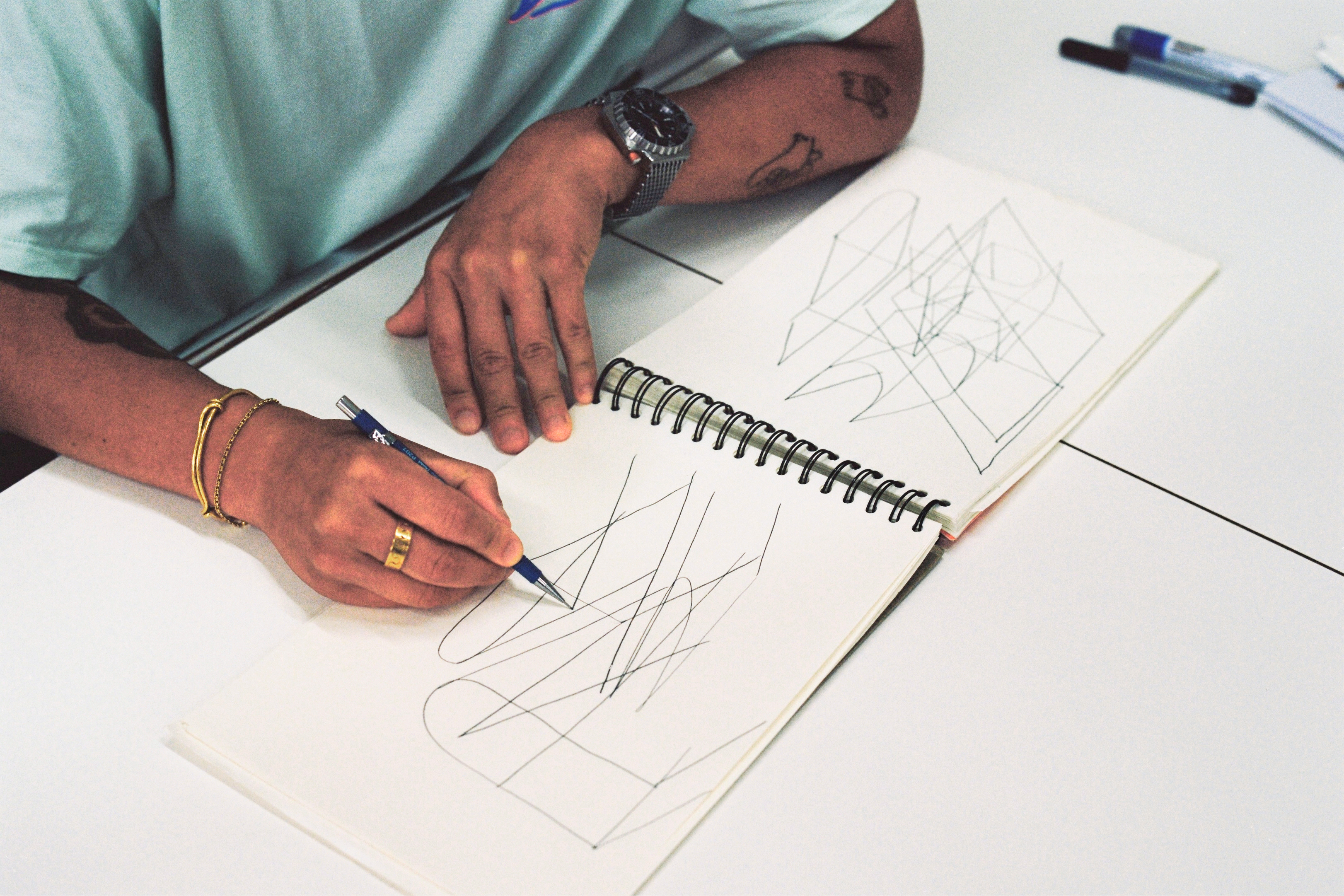 An editorial image from behind the scenes of making Hunk Lounge Chair and Glyph Side Tables by designer Kwangho Lee. Photography by Jihoon Kang.