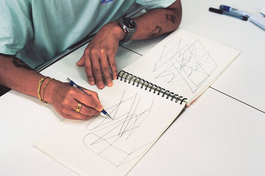 An editorial image from behind the scenes of making Hunk Lounge Chair and Glyph Side Tables by designer Kwangho Lee. Photography by Jihoon Kang.