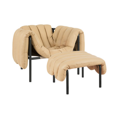Puffy Lounge Chair + Ottoman, Sand Leather / Black Grey