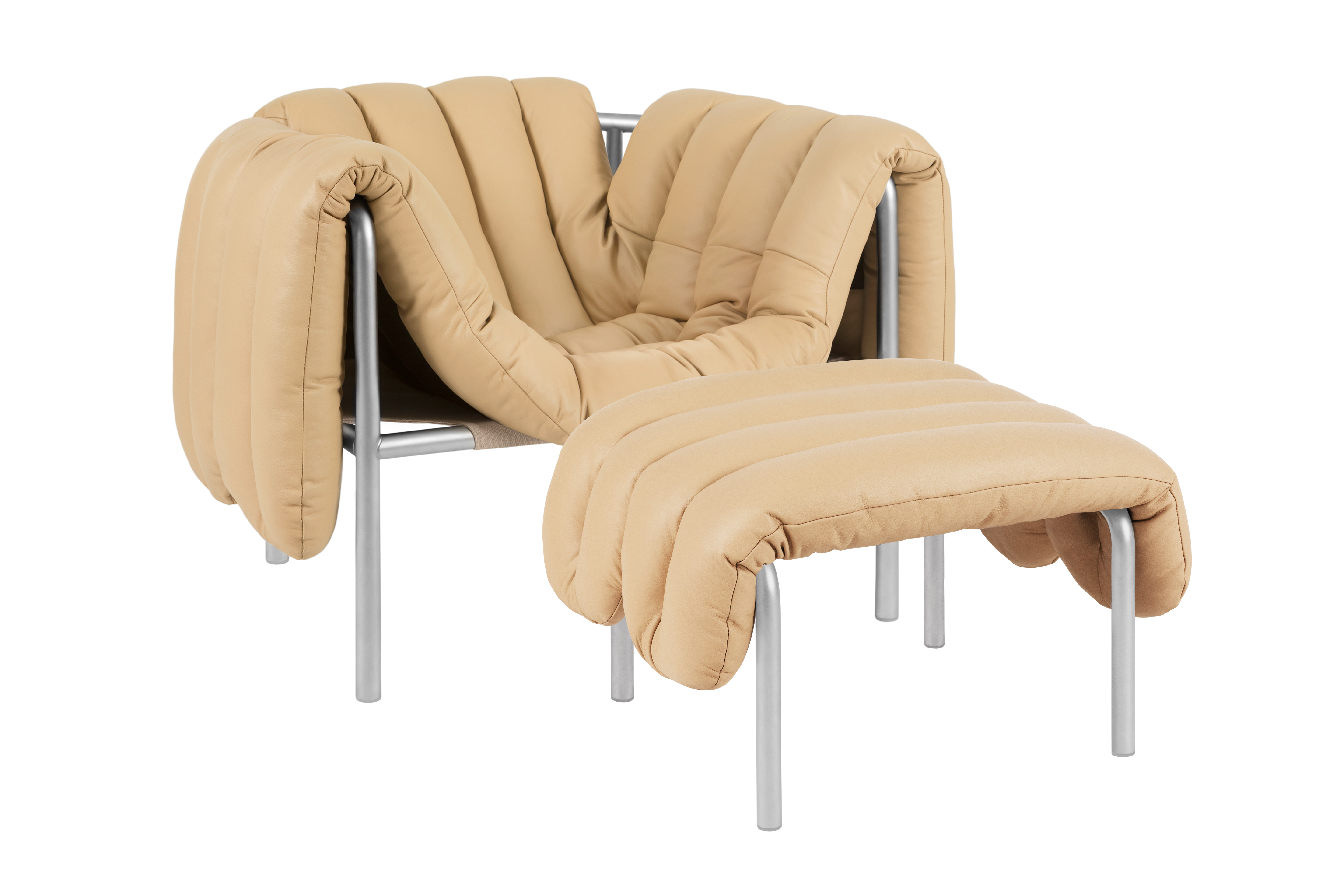 Puffy Lounge Chair + Ottoman, Sand Leather / Stainless — Hem