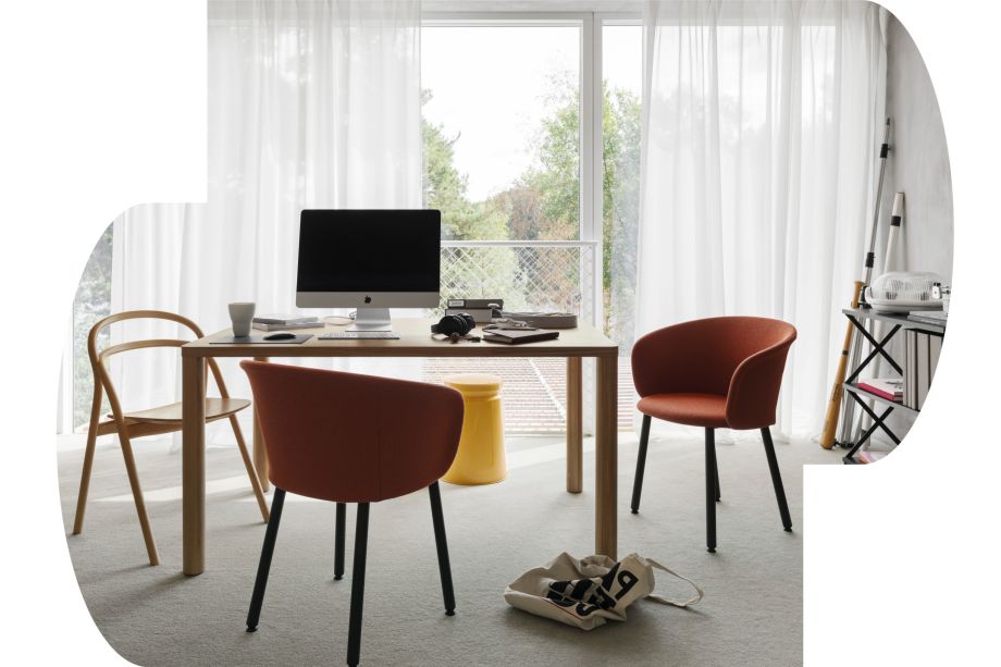 Hem - A home office featuring Log Table, Udon Chairs, Kendo Chairs, Last Stool, and Lift Shelf.