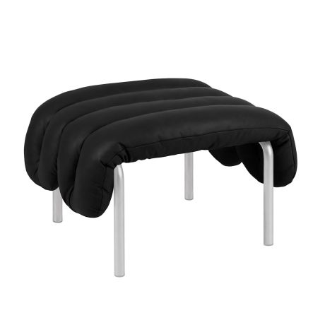 Puffy Ottoman, Black Leather / Stainless