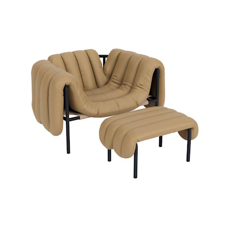 Puffy Lounge Chair + Ottoman, Elmosoft Leather 03009 / Black Grey