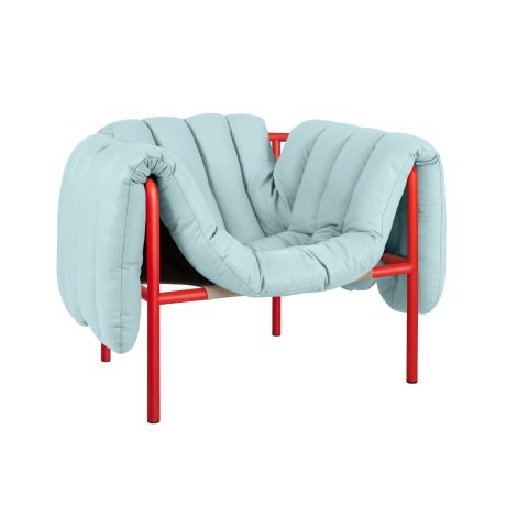 Puffy Lounge Chair, Light Blue Leather / Traffic Red