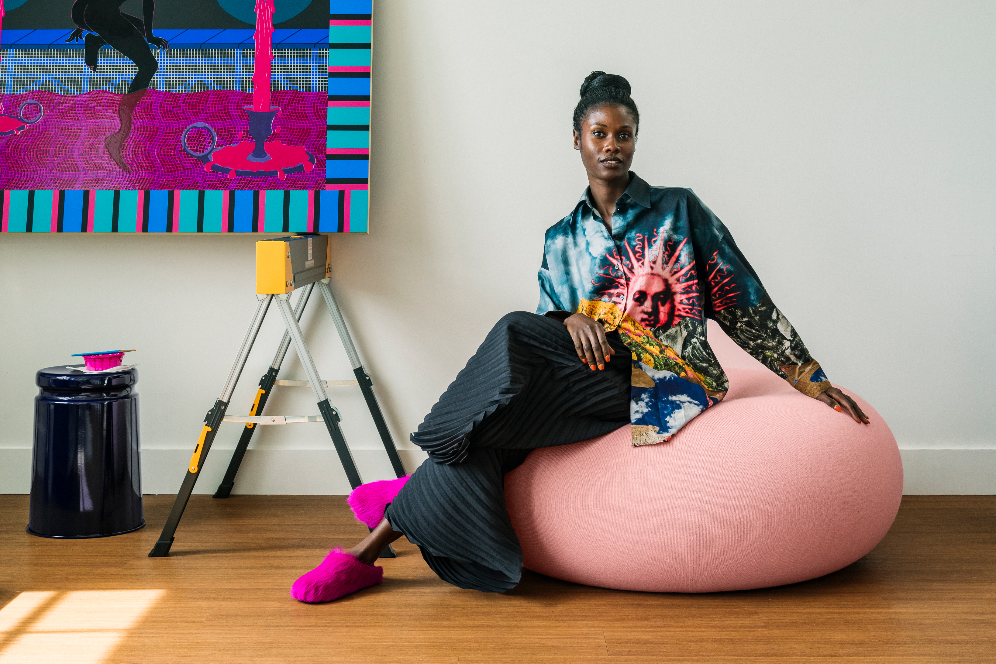 An editorial image from Hem's Knock Knock series with ambassador Chainky featuring Last Stool and Boa Pouf.