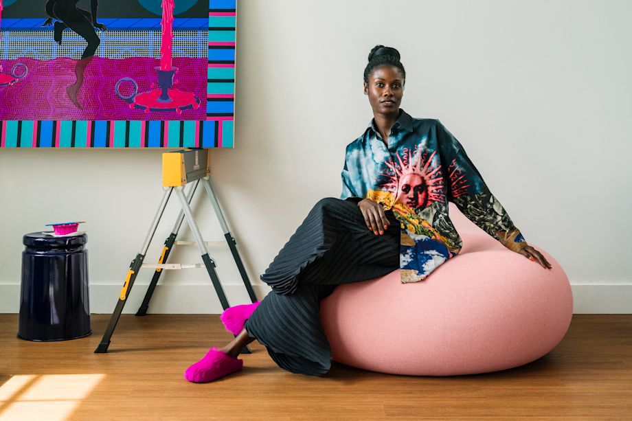 An editorial image from Hem's Knock Knock series with ambassador Chainky featuring Last Stool and Boa Pouf.