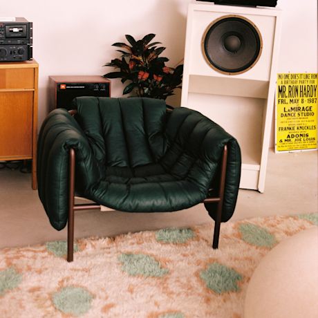 Puffy Lounge Chair, Dark Green Leather / Chocolate Brown