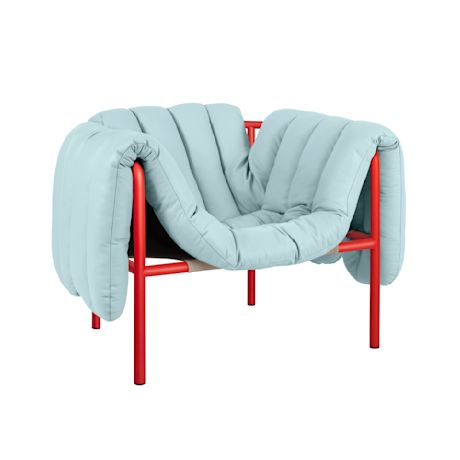 Puffy Lounge Chair, Light Blue Leather / Traffic Red