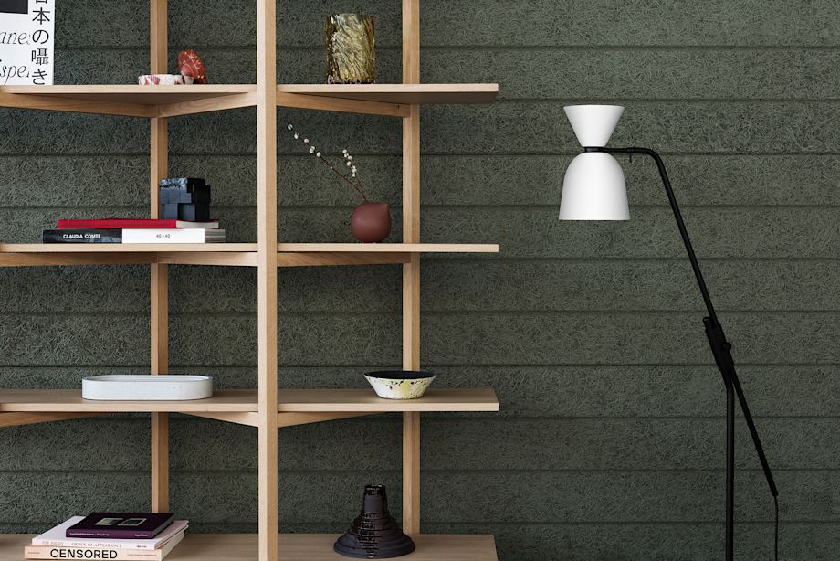 Lifestyle image featuring Zig Zag High Shelf Oak and Alphabeta Floor Lamp White.