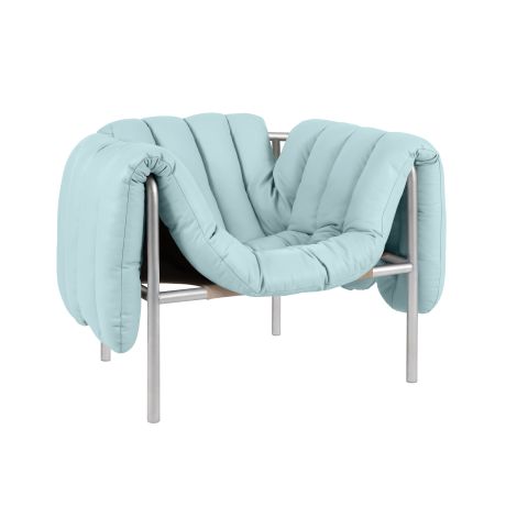 Puffy Lounge Chair, Light Blue Leather / Stainless