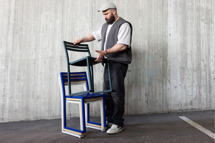 An editorial image from behind the scenes with Philippe Malouin, the designer behind Hem's latest outdoor collection: Chop Chairs and Tables.