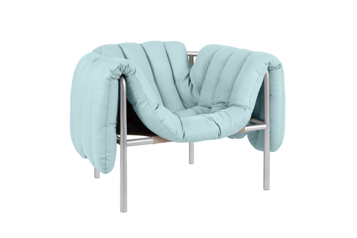 Puffy Lounge Chair, Light Blue Leather / Stainless, Art. no. 20479 (image 1)