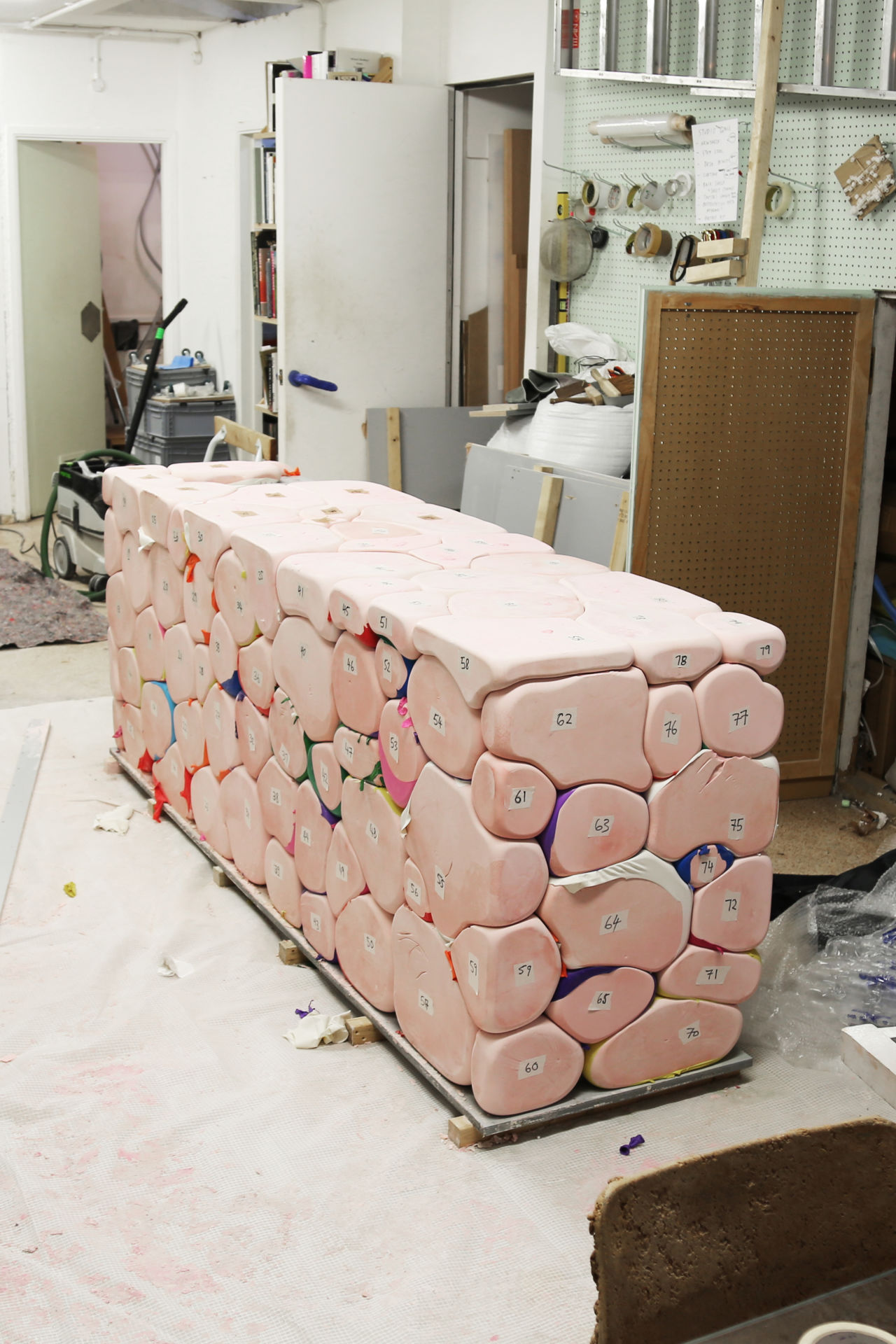 An editorial image from behind the scenes of building the Pink Counter for Hem's London pop-up shop, 2018.