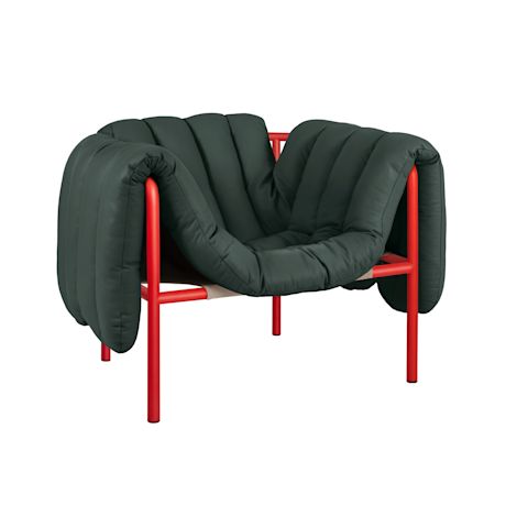 Puffy Lounge Chair, Dark Green Leather / Traffic Red