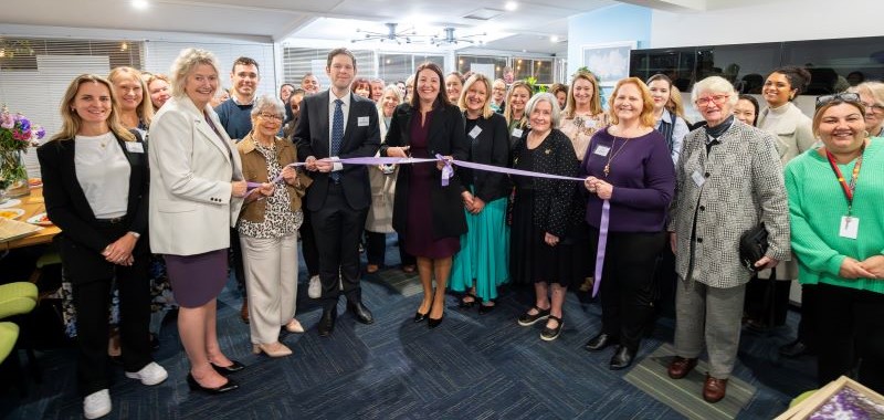Ribbon cutting ceremony to officially open Jacaranda Women’s Hub.  Left to right, Bayside Women’s Shelter GM, Sallianne Faulkner, Elder Aunty Barbara Sims, Bayside Mayor Edward MacDougall, Bayside Women’s Shelter Chair, Dr Christina Curry, Sydney Airport Community Investment Senior Manager, Liz Seatter.