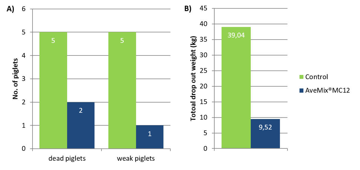 Figure 3 – Number of dead and weak piglets (A), and total drop out weight (B). Results are shown for the piglets that received the control or AveMix® MC12 treatments.