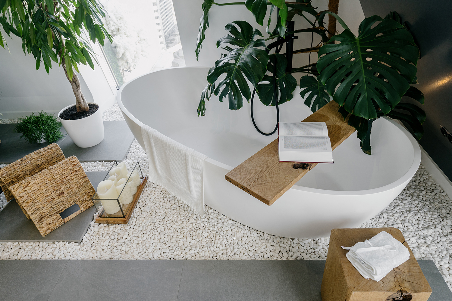 Image d’une salle de bain avec quelques belles plantes vertes