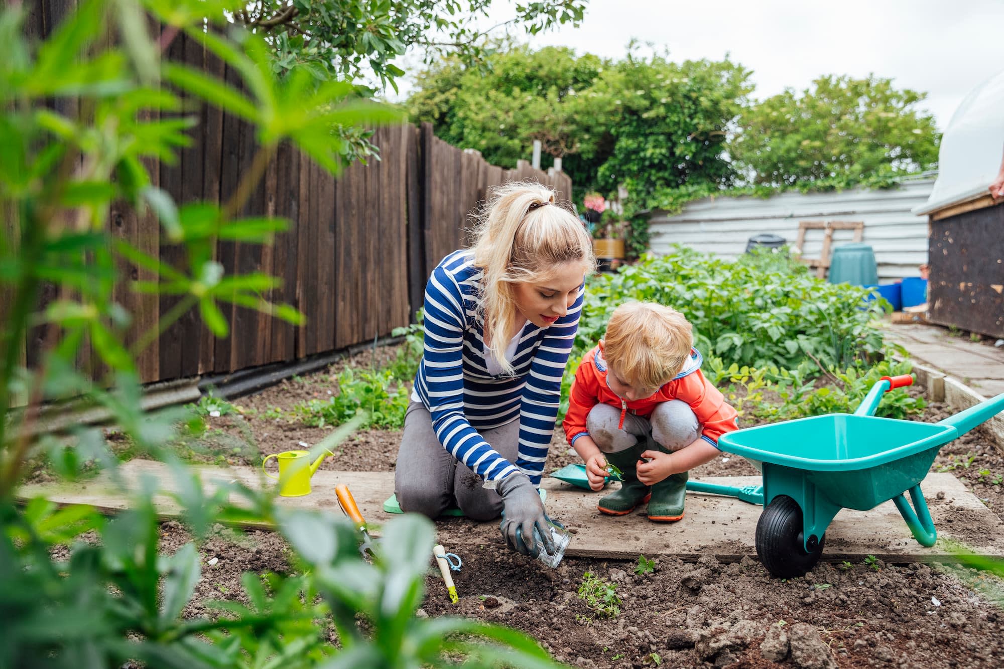 Afbeelding van een vrouw en kind aan het werk in een moestuin - Aveve