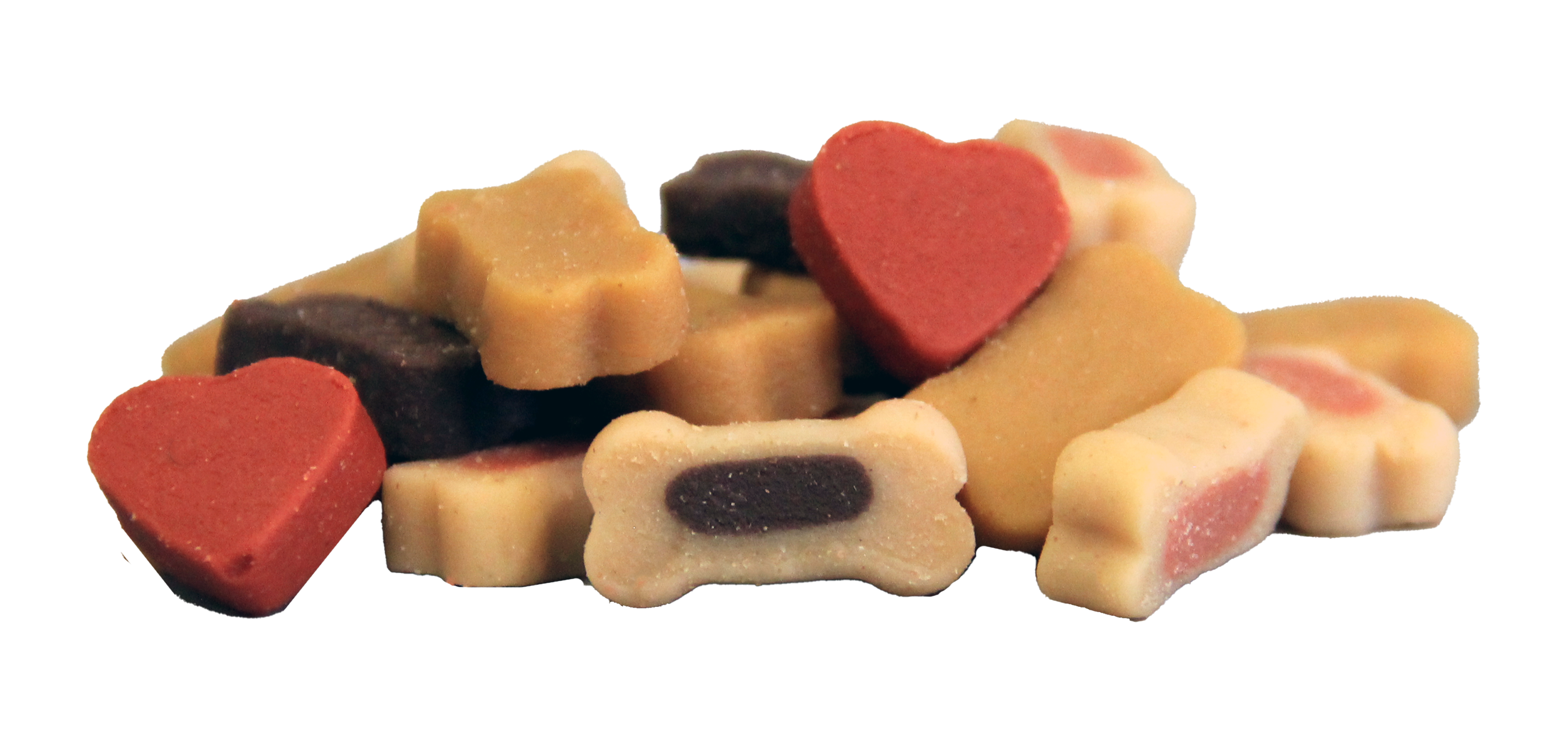 Soft dog treats in the shape of hearts, bones and bones filled with salmon or lamb.