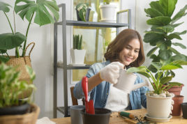 Aveve_Inspiratie_tuin_groen-in-huis_onderhoud-en-verzorging_tips-verzorging-planten_gelukkige-vrouw-geeft-water-aan-kamerplant