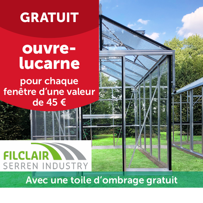 Ouvre-fenêtre gratuit pour chaque fenêtre (d’une valeur de 45 € pièce) à l’achat d’une serre Filclair full option