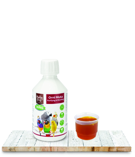 King Orni Muta packaging with a cup of product liquid next to it.