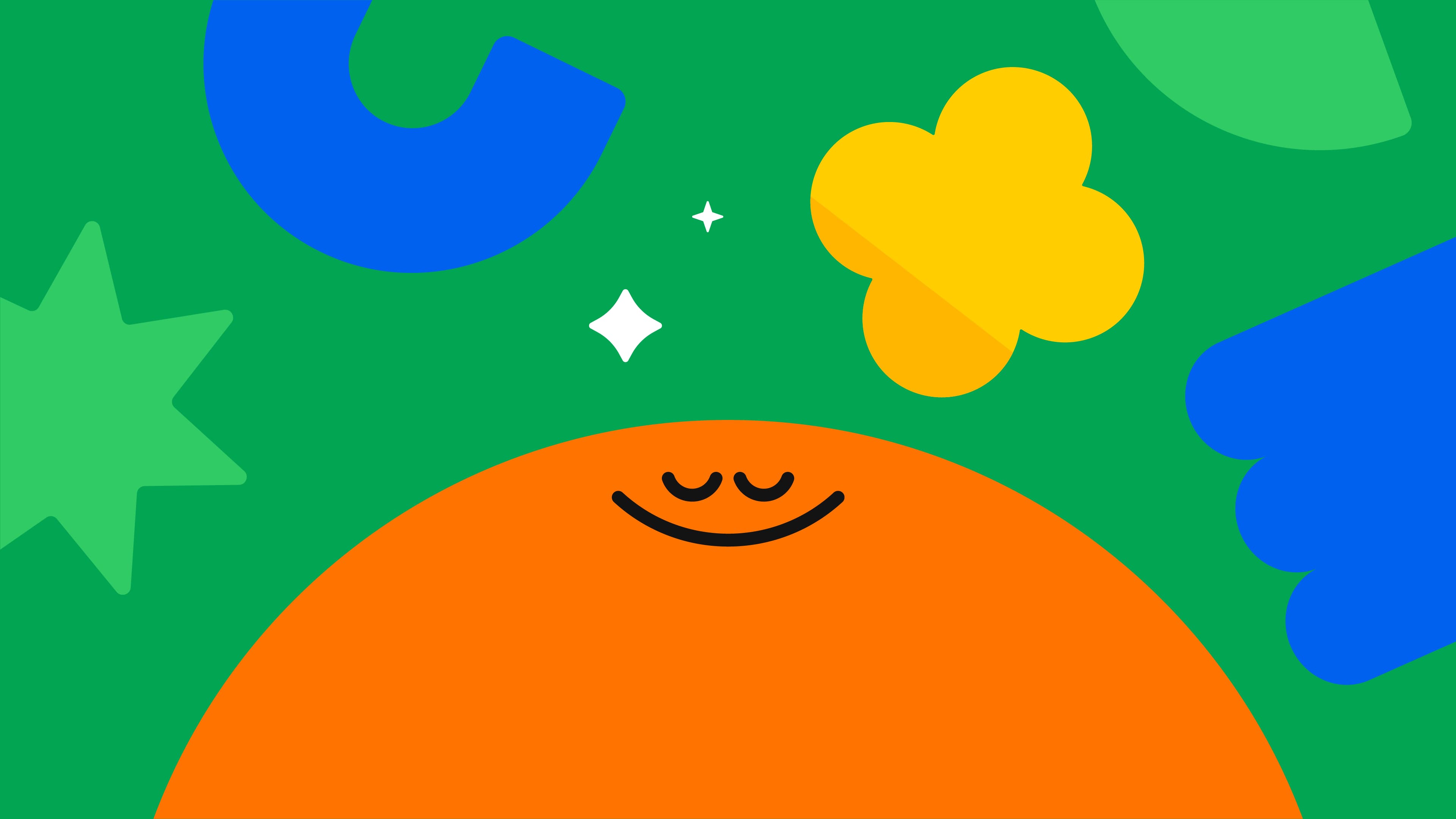 A smiling face peeking from an orange semi-circle on a green background with abstract shapes.