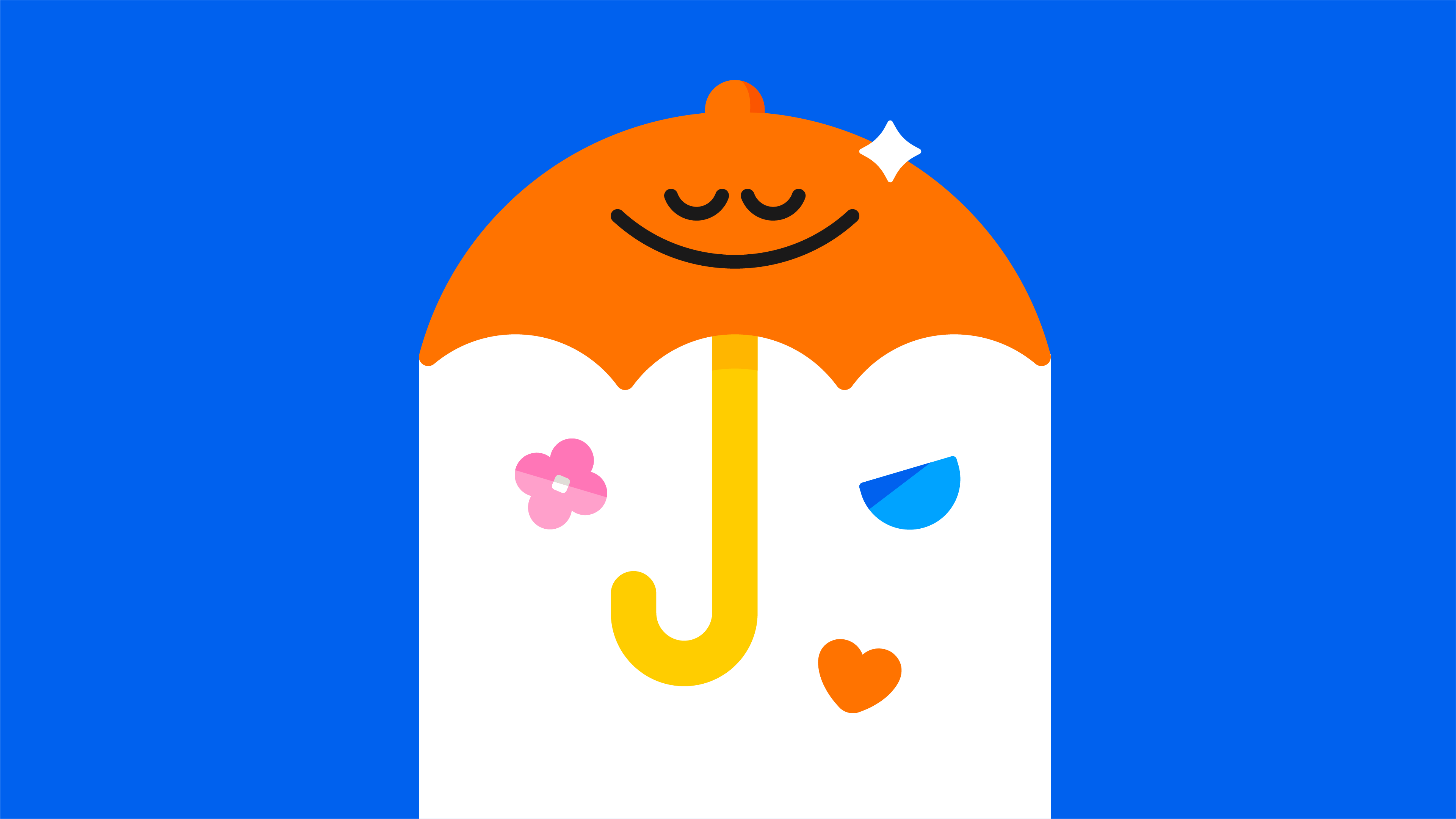 Smiling orange umbrella character with small shapes on a blue background.