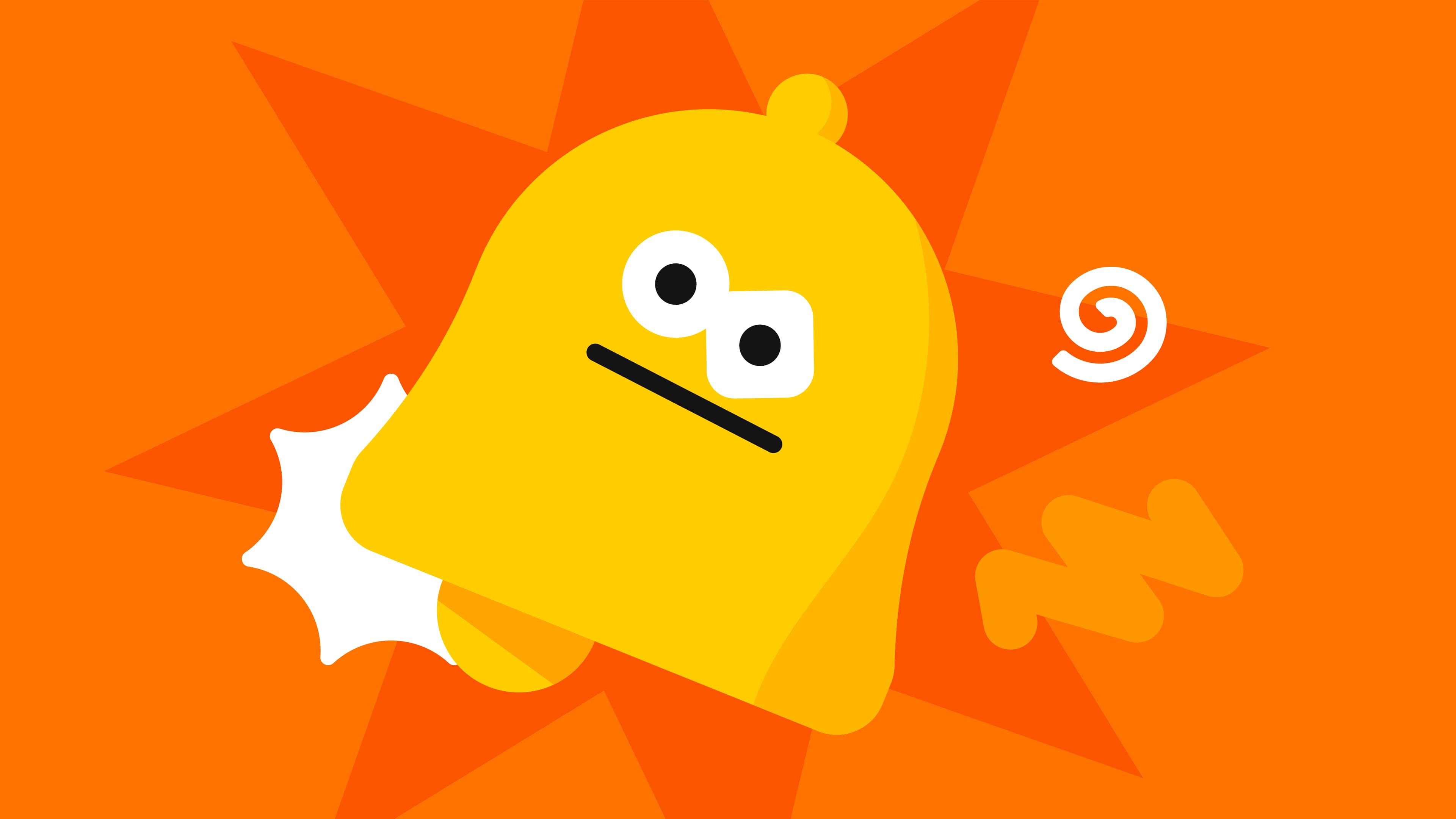 An anxious yellow bell character ringing on a bright orange background.