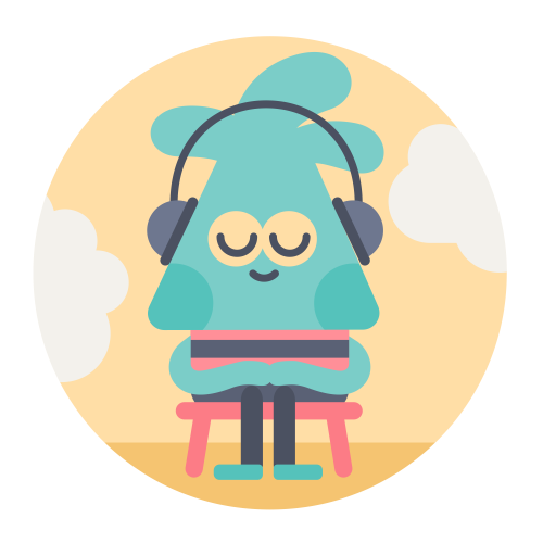 Picture of character meditating with headphones on. 