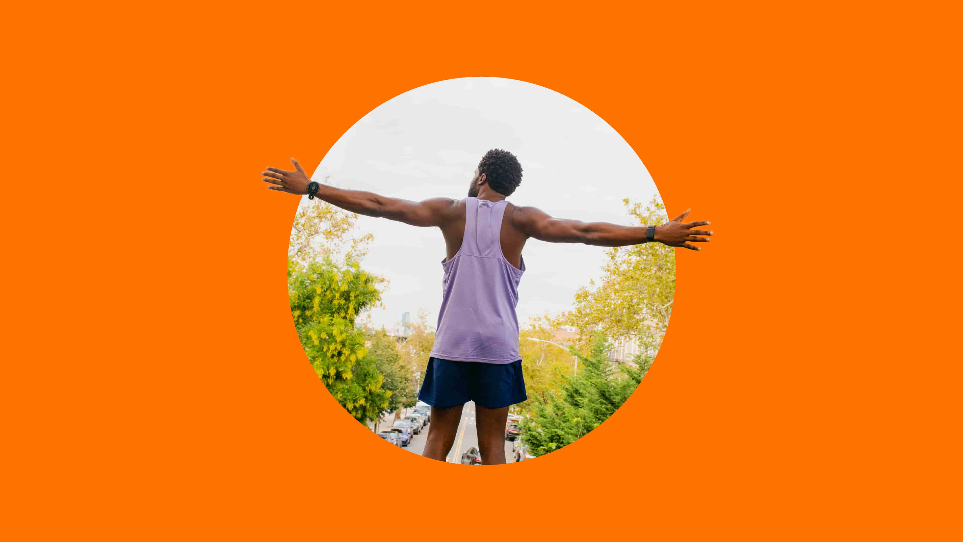 A circular photo of a man with arms outstretched outdoors, centered on an orange background.