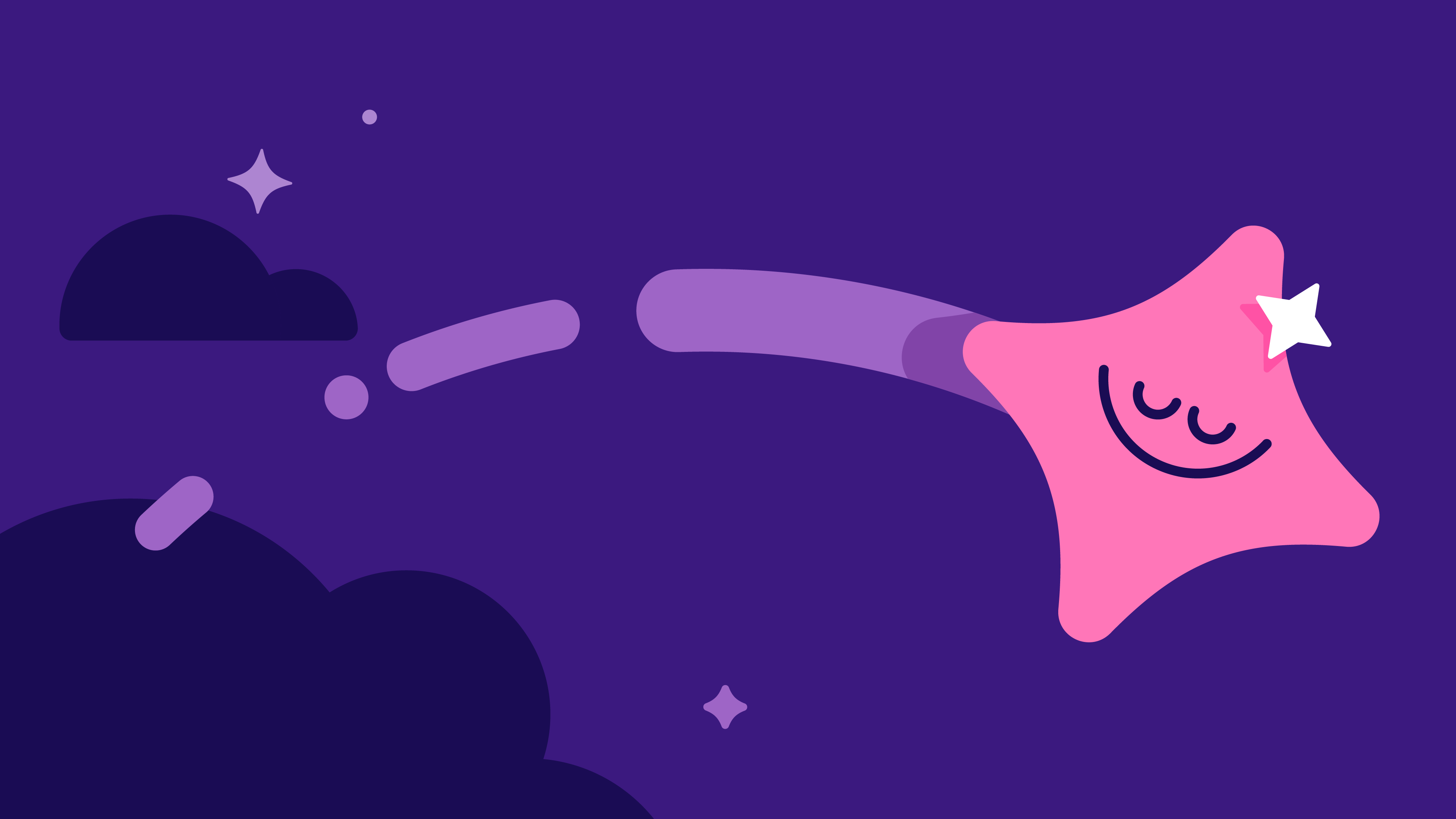 Smiling pink shooting star character on a dark purple night sky background.